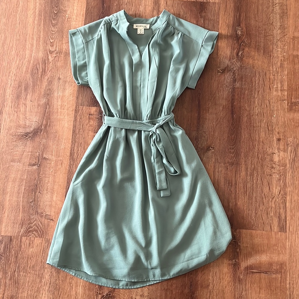 Sage green dress with belt, knee length